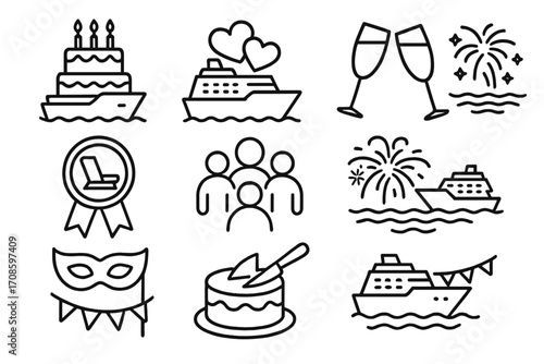 Cruise Celebration Icons. Line style icons of cruise celebrations: birthday cake on ship, honeymoon hearts, anniversary toast,