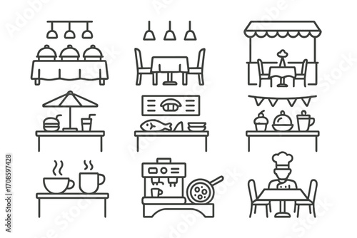 Cruise Ship Dining Icons. Line style icons of cruise ship dining venues: buffet area, main dining hall, specialty restaurant,