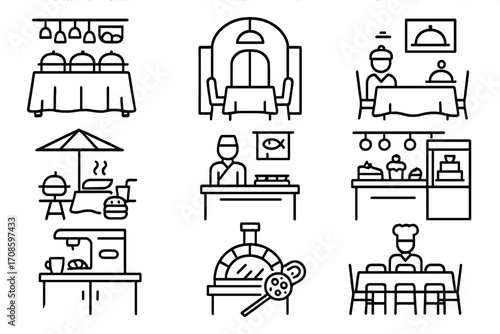 Cruise Ship Dining Icons. Line style icons of cruise ship dining venues: buffet area, main dining hall, specialty restaurant,