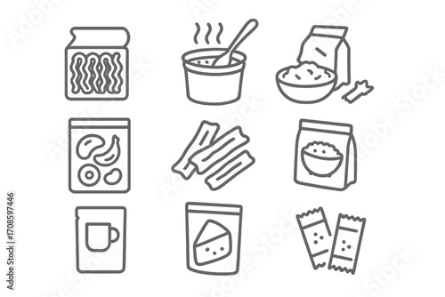 Backpacking Meal Icons. Line style icons of backpacker meals: instant noodles, rehydrated soup, oatmeal packet, dehydrated fruit,