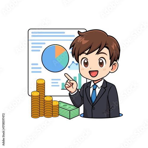 Cartoon Style Finance and Business App Dashboard Illustration – Fully Editable Vector Character pointing  to Charts with Coins, and money bills– Flat Clean Graphic Art Resource