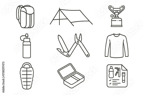 Minimalist Trekking Icons. Line style icons of minimalist trekking: ultralight pack, tarp shelter, tiny stove, pocket filter,