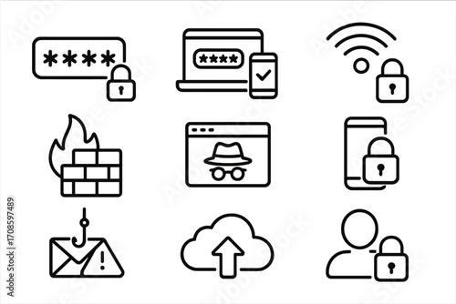 Online Safety Icons. Line style icons of online safety for nomads: strong password, 2FA login, secure Wi-Fi, firewall symbol,
