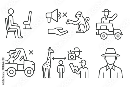 Safari Safety Icons. Line style icons of safari rules and safety: stay seated, no loud noise, don’t feed animals, follow guide,