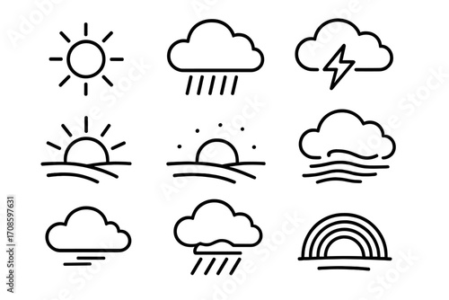 Savanna Weather Icons. Line style icons of savanna weather: blazing sun, sudden rain, distant thunder, sunrise over plain, cool