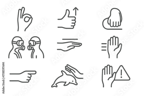 Dive Signal Icons. Line style icons of dive signs and communication: OK signal, ascend sign, air low sign, buddy up, level off,