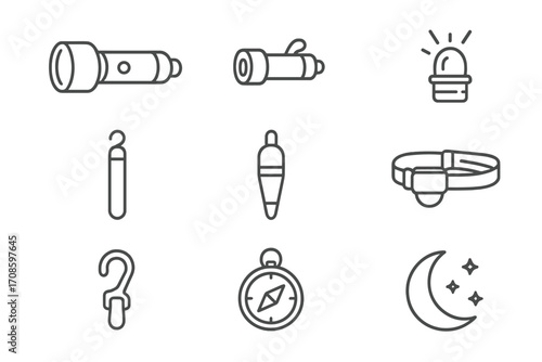 Night Diving Essentials. Line style icons of night diving tools: dive torch, backup light, strobe beacon, glow stick, marker light