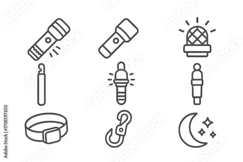 Night Diving Essentials. Line style icons of night diving tools: dive torch, backup light, strobe beacon, glow stick, marker light