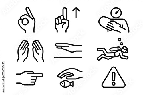 Dive Signal Icons. Line style icons of dive signs and communication: OK signal, ascend sign, air low sign, buddy up, level off,