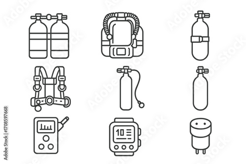 Tech Diving Gear Icons. Line style icons of tech diving gear: twin tanks, rebreather, deco tank, sidemount harness, stage cylinder