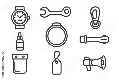 Scuba Accessory Icons. Line style icons of scuba diving accessories: dive watch, tank valve tool, gear clip, mask defogger,