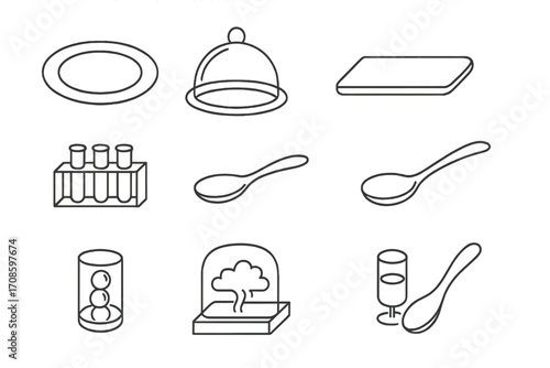 Gastronomy Presentation Icons. Line style icons of gastronomy presentation styles: clear plate, glass dome, slate slab, acrylic