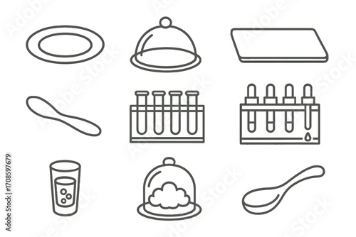 Gastronomy Presentation Icons. Line style icons of gastronomy presentation styles: clear plate, glass dome, slate slab, acrylic