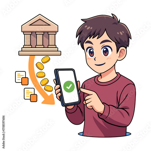 Cartoon Style Finance and Business App Bank Account Linking Illustration – Fully Editable Vector of Character Connecting Mobile Phone with Bank Building Icon, Coins, and Transactions Clean Graphic art