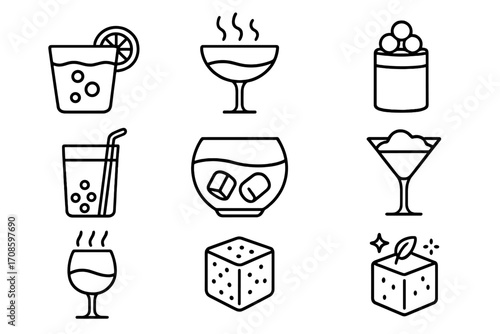 Molecular Drink Icons. Line style icons of molecular beverage concepts: carbonated juice, smoke-infused cocktail, gel shot, flavor