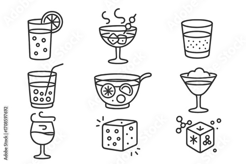 Molecular Drink Icons. Line style icons of molecular beverage concepts: carbonated juice, smoke-infused cocktail, gel shot, flavor