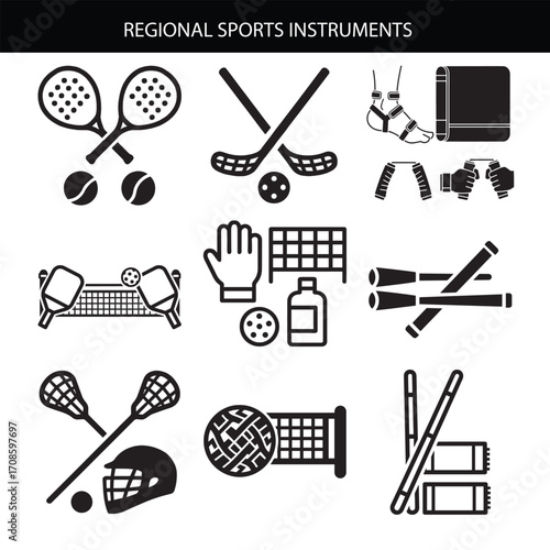 Kabaddi gear (ankle guards, mats, grips), Sepak takraw balls & nets, Kho-Kho sticks & mats, Gilli danda set, Lacrosse sticks, helmets, balls, Jai Alai cesta & pelota, Padel rackets