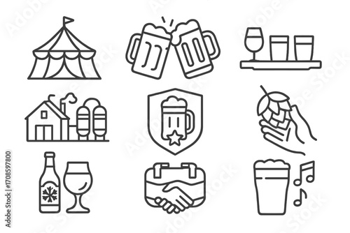 Craft Beer Icons. Line style icons of craft beer events: beer festival tent, pint cheers, tasting session, brewery tour, beer