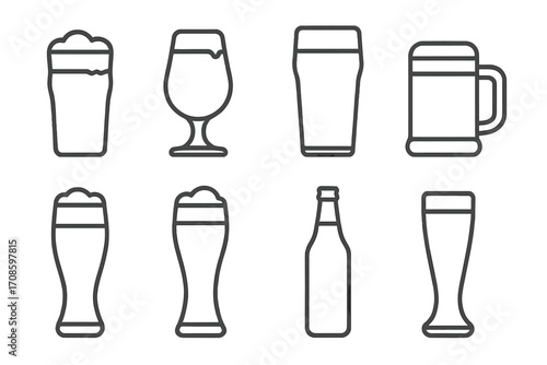 Craft Beer Icons. Line style icons of craft beer types: pale ale, IPA glass, stout pint, porter mug, wheat beer, sour beer, saison