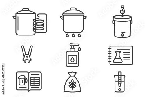 Beer Homebrewing Icons. Line style icons of beer homebrewing: homebrew kit, stovetop brew, fermentation bucket, bottle capper,