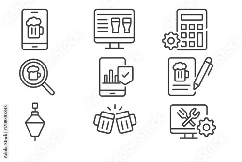 Digital Craft Beer Tools. Line style icons of digital craft beer tools: beer app icon, digital taplist, brewing calculator, style