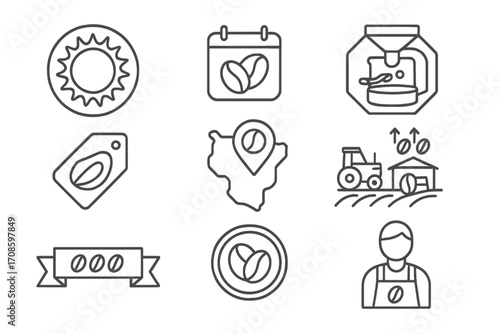 Coffee Roasting Icons. Line style icons of coffee roasting brands and labels: single origin badge, roast date stamp, small batch