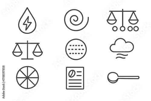 Coffee Flavor Icons. Line style icons of coffee flavor development: acidity symbol, sweetness swirl, bitterness scale, balance