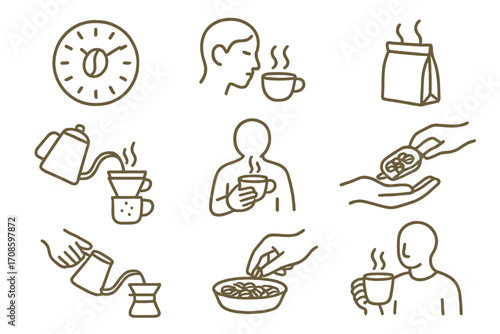 Coffee Ritual Icons. Line style icons of fresh roast rituals: roast day circle, aroma sniff, open bag freshness, bloom pour, brew