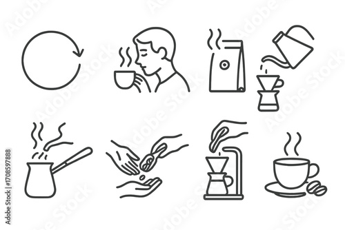 Coffee Ritual Icons. Line style icons of fresh roast rituals: roast day circle, aroma sniff, open bag freshness, bloom pour, brew