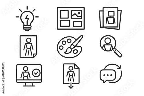 Art Process Icons. Line style icons of art process icons: brainstorm bulb, mood board, thumbnail sketch, base sketch, paint