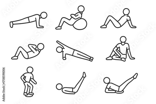 Core Exercise Icons. Line style icons of core strengthening: plank pose, stability ball, bridge hold, abdominal crunch, side plank