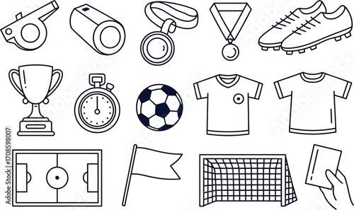 Collection of hand drawn soccer football sports equipment and icons