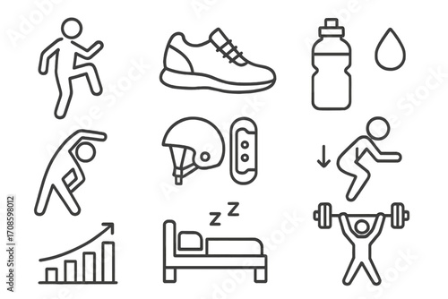 Injury Prevention Icons. Line style icons of injury prevention methods: warm-up routine, proper footwear, hydration icon,