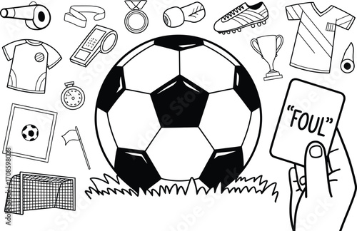Hand drawn soccer football elements and equipment collection with foul card
