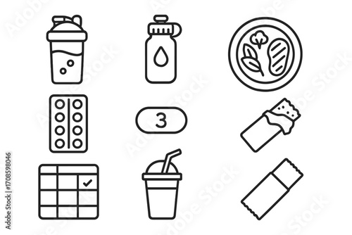 Sports Nutrition Icons. Line style icons of sports nutrition for recovery: protein shake, hydration bottle, balanced meal plate,