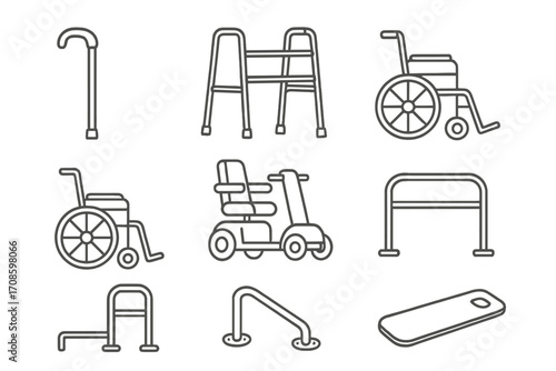 Geriatric Mobility Icons. Line style icons of geriatric mobility aids: walking cane, standard walker, rollator walker, wheelchair,