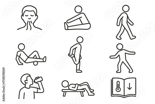 Cooling Down Routine Icons. Line style icons of cooling down routines: deep breathing, hamstring stretch, slow walk, foam rolling,
