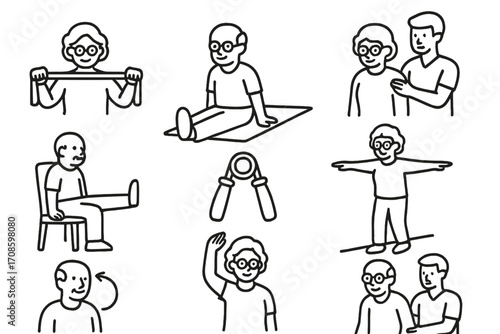 Elderly Therapy Icons. Line style icons of elderly physical therapy: stretching band, exercise mat, guided movement, seated leg