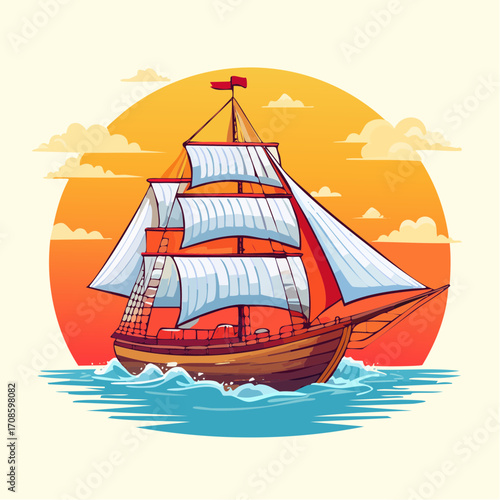Vintage Sailing Ship at Sunset Ocean Scene Illustration