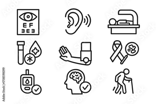 Senior Health Icons. Line style icons of health screenings for seniors: vision exam, hearing test, bone density scan, cholesterol