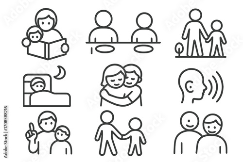 Parent-Child Line Icons. Line style icons of parent-child wellness: reading together, meal sharing, outdoor walk, bedtime routine,