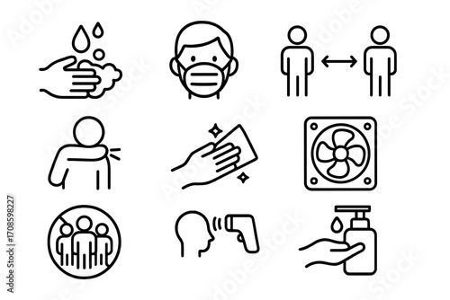 Infection Prevention Icons. Line style icons of infection prevention practices: handwashing, mask-wearing, social distancing,