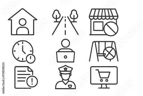 Lockdown Protocol Icons. Line style icons of lockdown protocols: stay home icon, empty streets, restricted business, curfew clock,