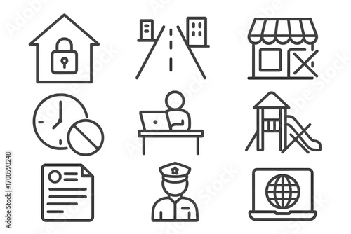 Lockdown Protocol Icons. Line style icons of lockdown protocols: stay home icon, empty streets, restricted business, curfew clock,