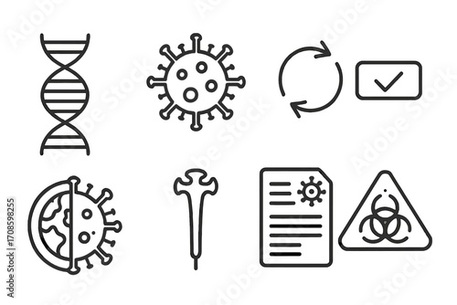 Virus Mutation Icons. Line style icons of mutation and virus variants: DNA strand, virus cell, mutation arrow, variant label,