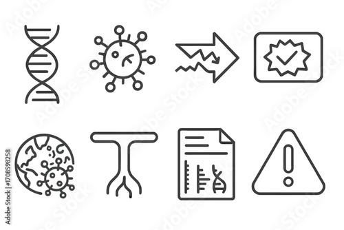 Virus Mutation Icons. Line style icons of mutation and virus variants: DNA strand, virus cell, mutation arrow, variant label,