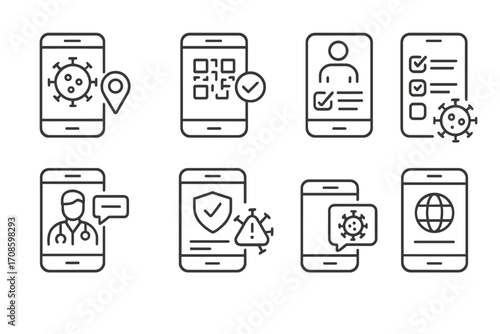 Mobile Health Icons. Line style icons of mobile health technology: epidemic app, QR check-in, symptom tracker, telehealth screen,