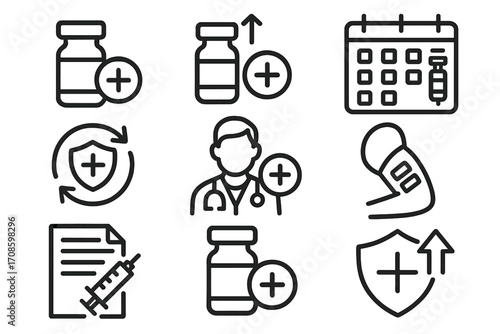 Booster Dose Icons. Line style icons of booster dose concepts: extra dose icon, updated vial, booster calendar, immunity refresh,