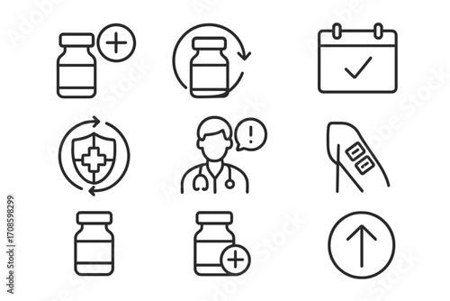Booster Dose Icons. Line style icons of booster dose concepts: extra dose icon, updated vial, booster calendar, immunity refresh,