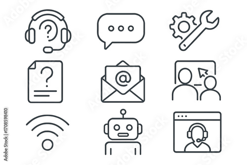 Tech Support Icons. Line style icons of tech support for students: headset with question, chat support icon, troubleshooting gear,